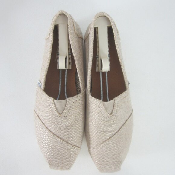 Toms Womens 8 Beige Slip On Rubber Soled Shoes Metallic Linen Flats Light Weight - Picture 2 of 12